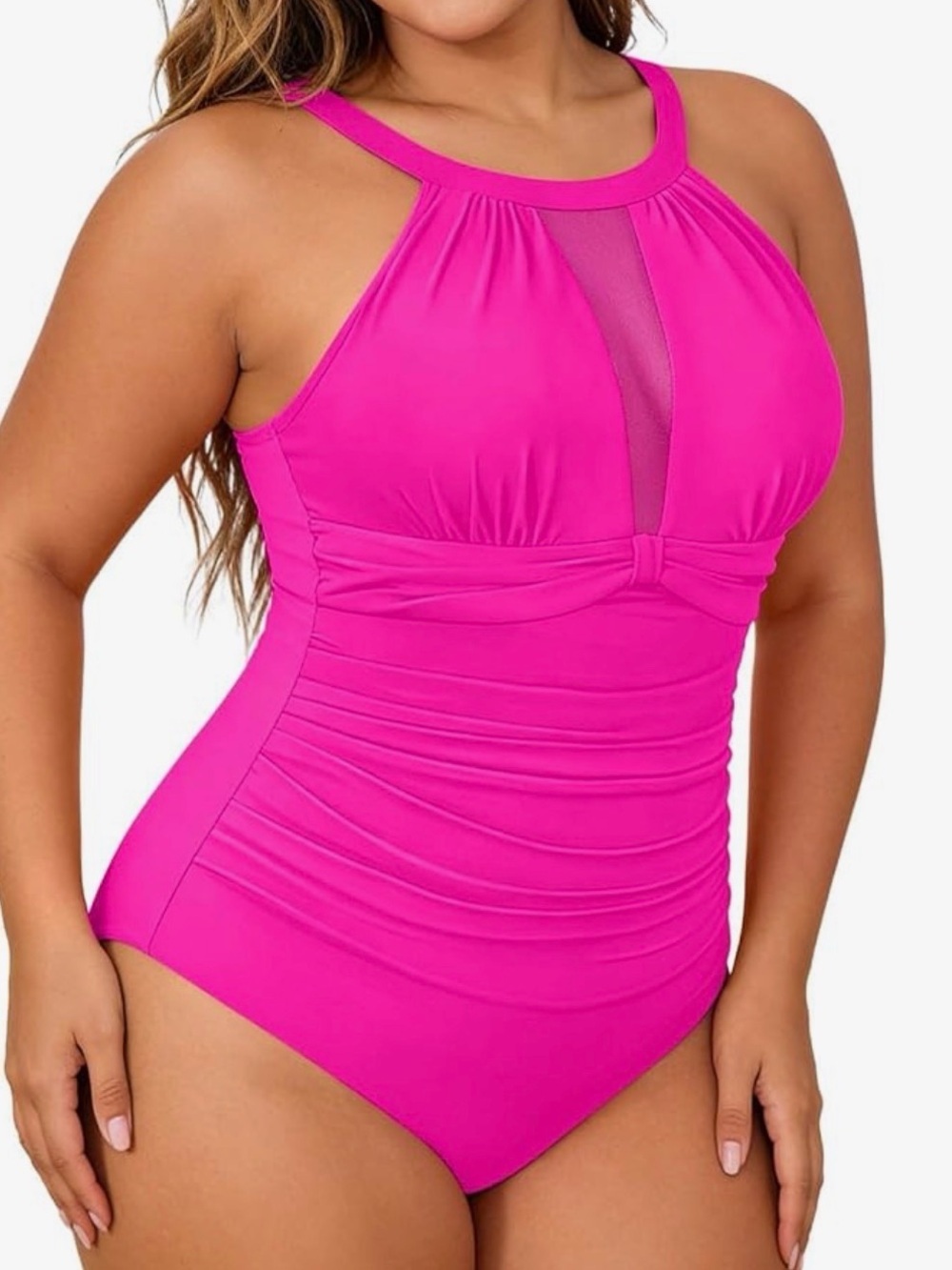 Tempt me hot pink one piece bathing suit high mesh v neck size XL